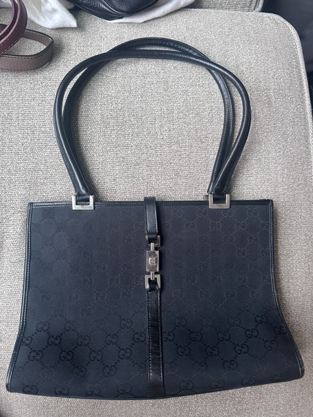 Gucci Jackie Black Silver GG Canvas Leather Tote